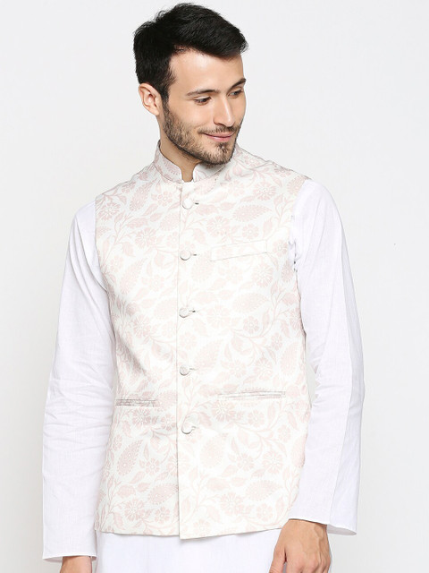 Blacksmith Men White & Beige Printed Satin Nehru Jacket
Blacksmith Men White & Beige Printed Satin Nehru Jacket