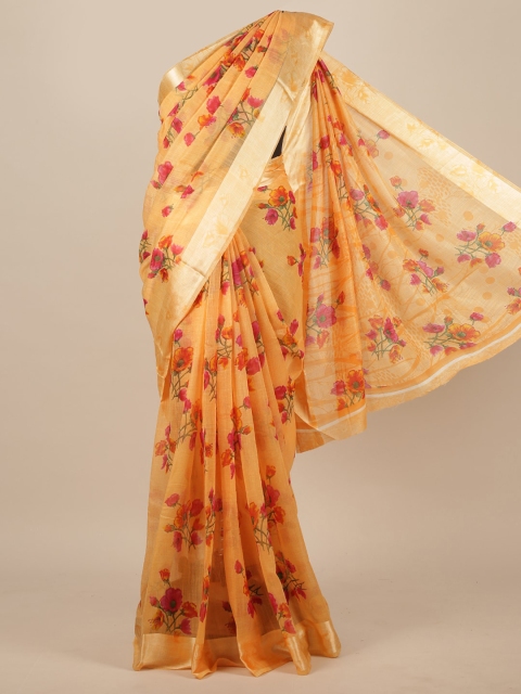 Pothys Peach & Pink Floral Zari Cotton Blend Saree