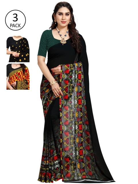 KALINI Women Pack of 3 Printed Sarees, Black