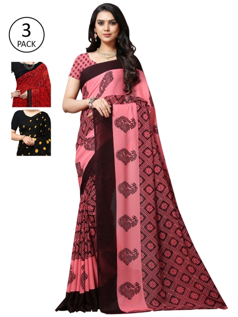 KALINI Pack of 3 Poly Georgette Sarees, Red