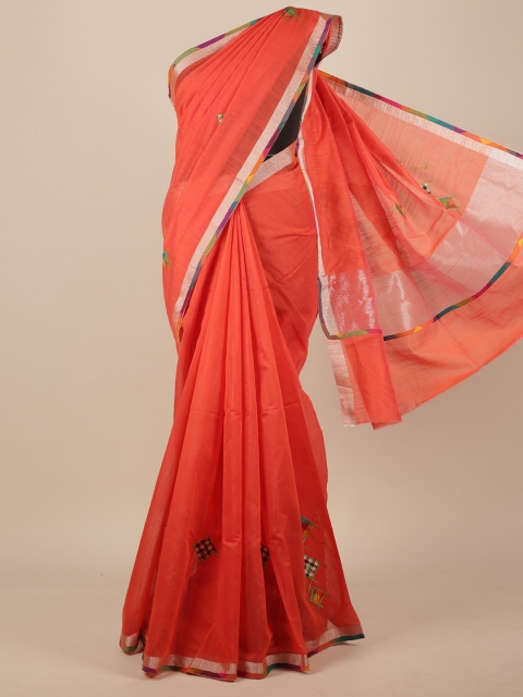 Pothys Orange Ethnic Motifs Cotton Blend Saree