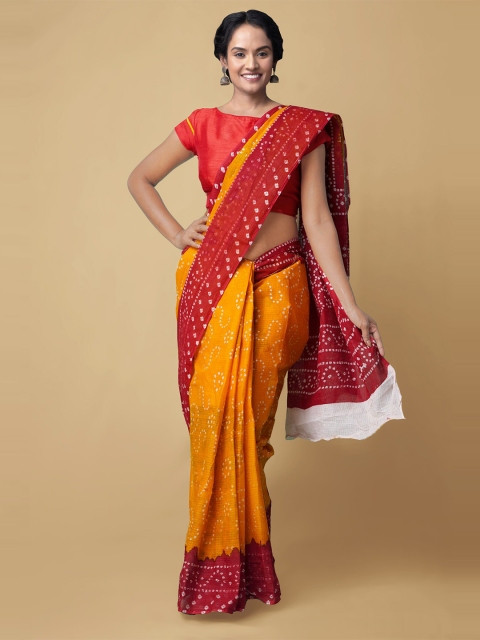 Unnati Silks Orange & Red Bandhani Pure Cotton Handloom Kota Saree