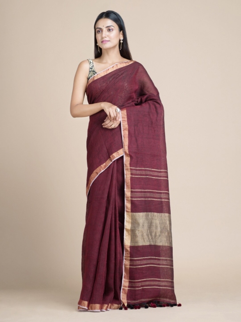 Mitera Maroon & Golden Pure Linen Saree