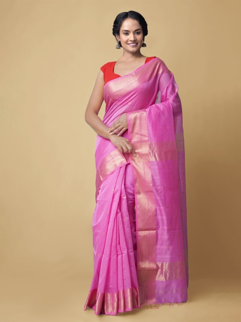 Unnati Silks Pink & Gold-Toned Ethnic Motifs Zari Silk Cotton Handloom Maheshwari Saree
Unnati Silks Pink & Gold-Toned Ethnic Motifs Zari Silk Cotton Handloom Maheshwari Saree