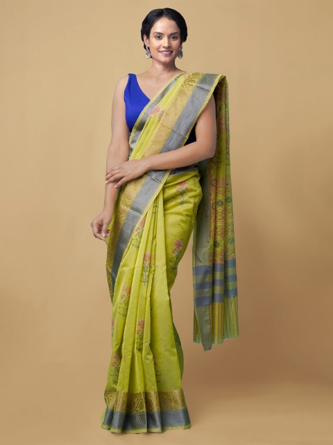 Unnati Silks Lime Green & Pink Floral Zari Net Handloom Saree
