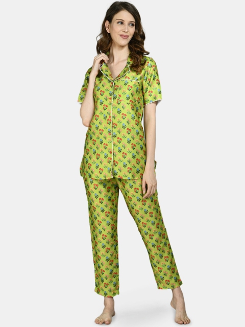 Myshka Women Green & Red Printed Night Suit