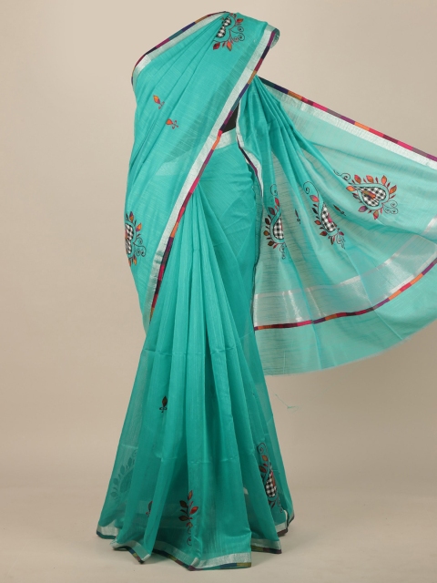 Pothys Turquoise Blue & Orange Floral Patchwork Saree
