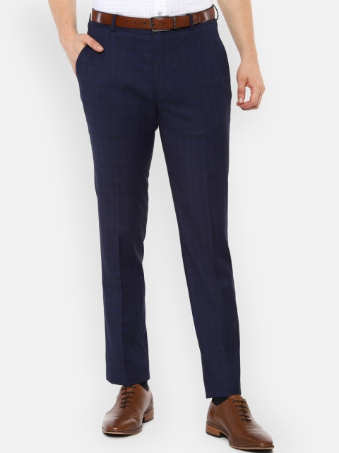 Louis Philippe Men Navy Blue Checked Slim Fit Formal Trousers Formal Trousers