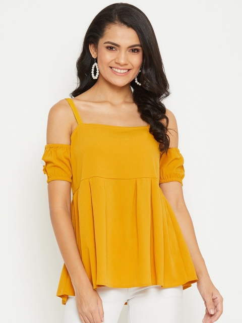 PANIT Mustard Yellow Puff Sleeve Crepe Regular Top