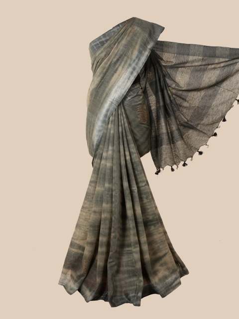 Pothys Grey & Gold-Toned Tie and Dye Beads and Stones Jute Cotton Saree