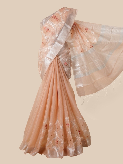 Pothys Peach & Silver-Toned Floral Embroidered Tissue Saree