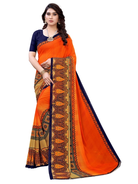 KALINI Orange & Navy Blue Ethnic Motifs Poly Georgette Saree Saree