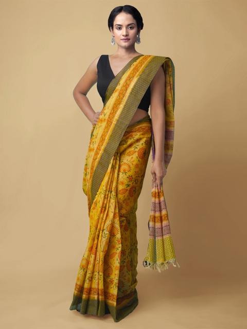Unnati Silks Yellow & Orange Floral Pure Cotton Handloom Mangalagiri Saree