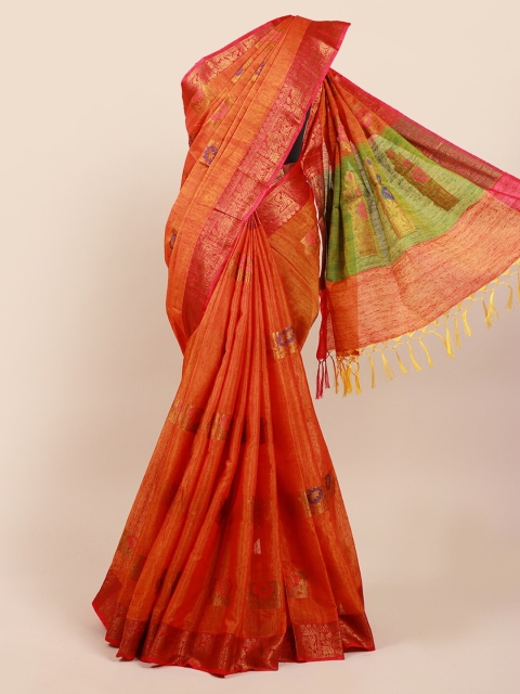 Pothys Orange Ethnic Motifs Cotton Blend Saree