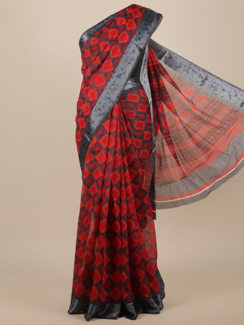 Pothys Red & Grey Cotton Blend Saree