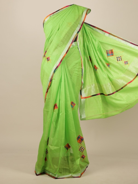 Pothys Green & Silver-Toned Patchwork Saree