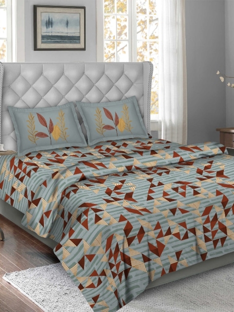 BELLA CASA Green & Brown Floral Printed Cotton Double King Bedding Set