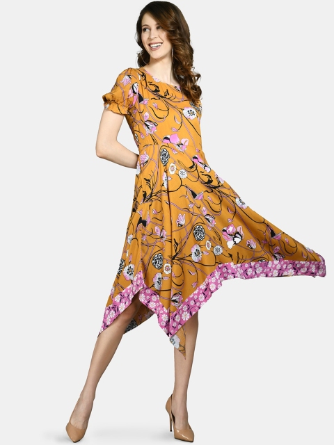 Myshka Women Multi Floral Printed Asymmetric Midi Fit & Flare Dress