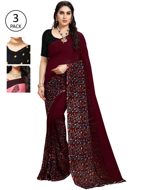 KALINI Pack Of 3 Burgundy & Pink Saree