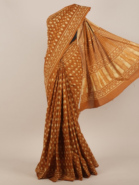Pothys Brown & Cream-Coloured Ethnic Motifs Cotton Blend Saree