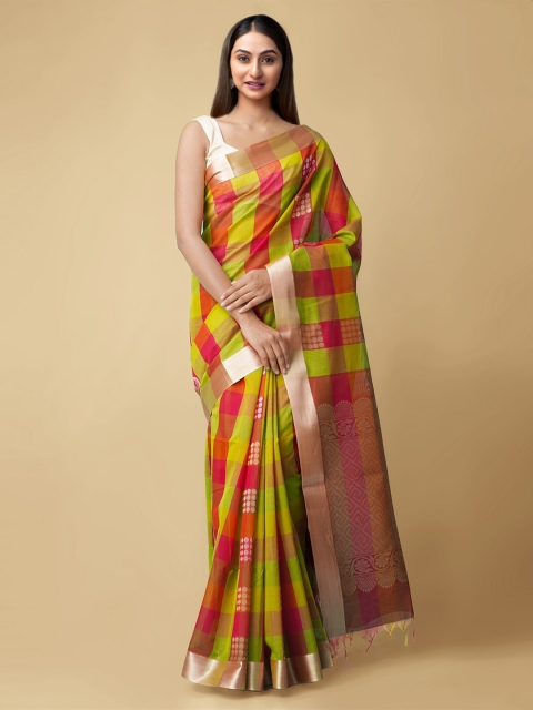 Unnati Silks Lime Green & Red Checked Zari Silk Cotton Handloom Saree