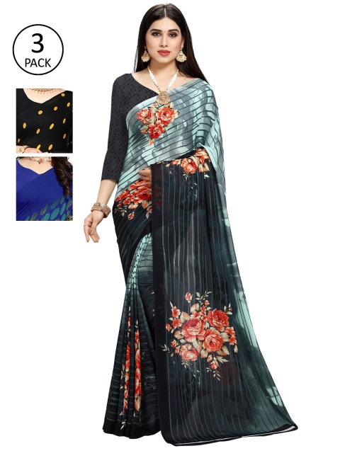 KALINI Pack of 3 Poly Georgette Saree, Black