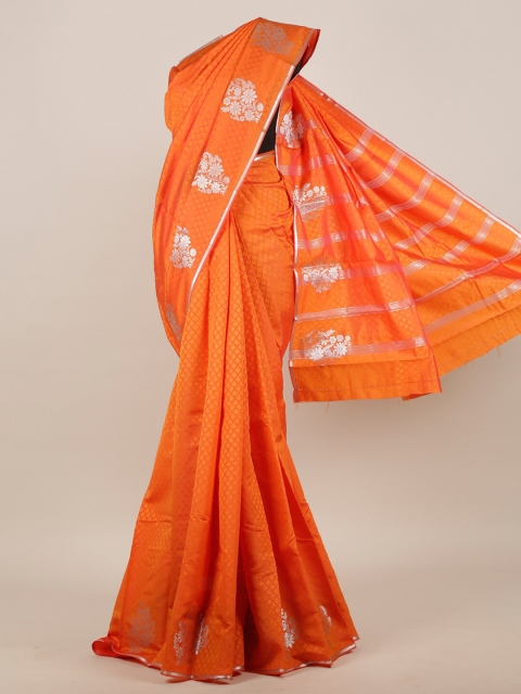Pothys Orange & Silver-Toned Woven Design Art Silk Saree