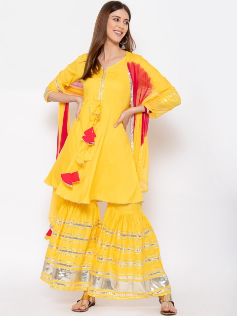 Yuris Women Yellow Empire Gotta Patti Pure Cotton Kurti with Sharara & Dupatta