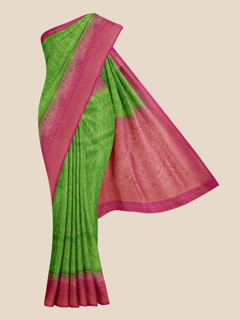 Kalamandir Green & Pink Paisley Zari Silk Blend Banarasi Saree