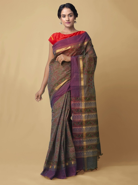 Unnati Silks Brown & Purple Floral Pure Cotton Handloom Mangalagiri Saree