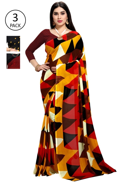 KALINI Multicoloured Set of 3 Poly Georgette Saree, Multi