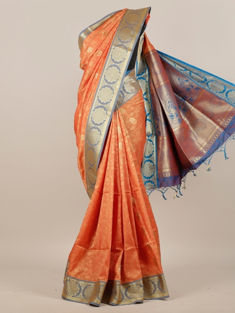 Pothys Orange & Blue Floral Zari Art Silk Saree