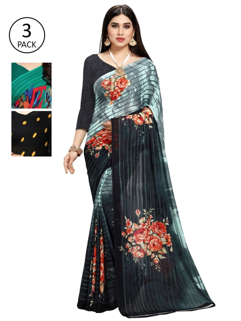 KALINI Pack Of 3 Printed Sarees, Black