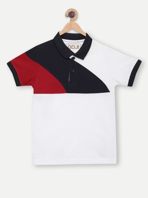 GOJI Boys White & Red Colourblocked Polo Collar T-shirt