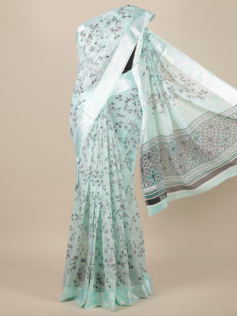 Pothys Turquoise Blue & Grey Floral Cotton Blend Saree