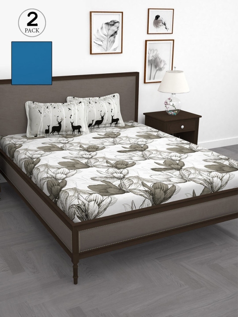 Story@home Blue & White Floral 210 TC 2 King Bedsheet with 4 Pillow Covers