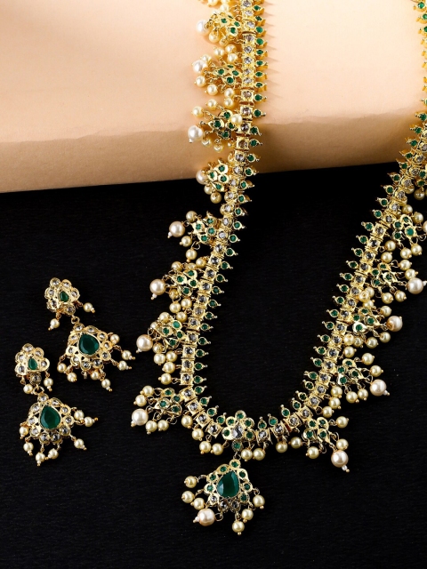 THE AAB STUDIO Gold-Plated White & Green Stone-Studded Handcrafted Jadau Jewellery Set
THE AAB STUDIO Gold-Plated White & Green Stone-Studded Handcrafted Jadau Jewellery Set