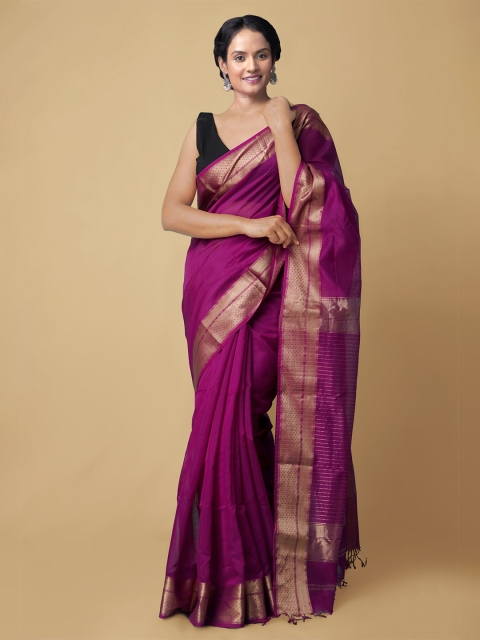 Unnati Silks Purple & Gold-Toned Zari Silk Cotton Handloom Maheshwari Saree