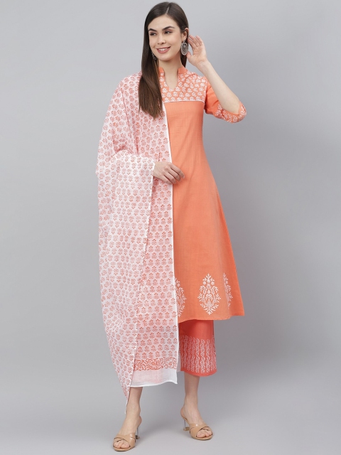 Shakumbhari Women Peach Block Printed Pure Cotton Kurta with Trousers & Dupatta