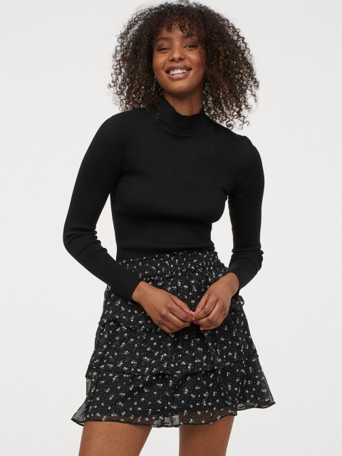 H&M Women Black & White Printed Tiered Skirt