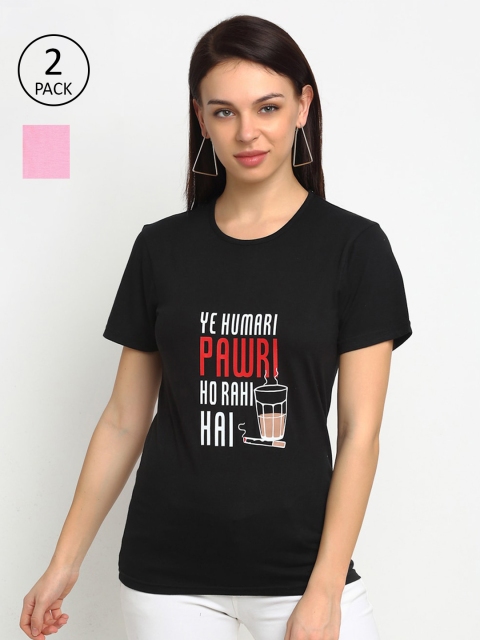 VIMAL JONNEY Women Pack of 2 Typography Printed T-shirt, Black