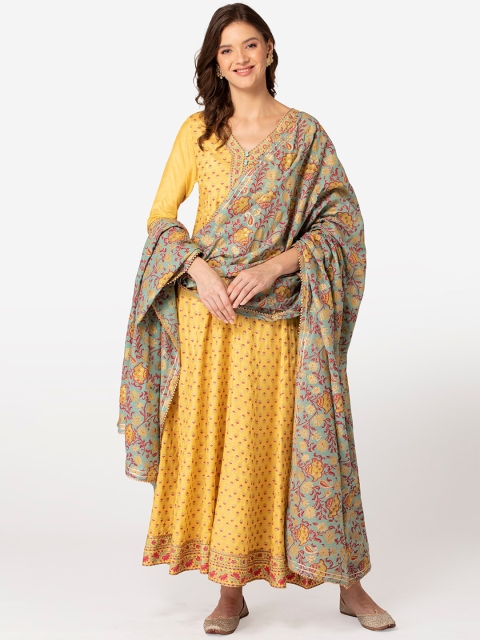 TARA-C-TARA Yellow Ethnic Motifs Layered Ethnic Maxi Dress with Dupatta