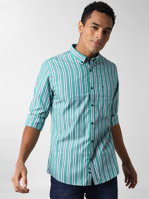 Peter England Casuals Men Green Slim Fit Multi Striped Cotton Casual Shirt