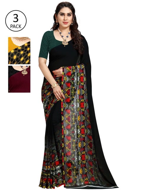 KALINI Pack of 3 Black & Yellow Printed Saree