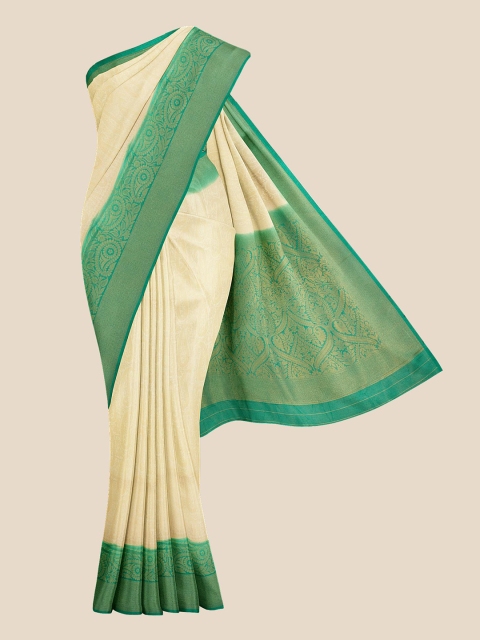 Kalamandir Cream & Green Ethnic Motifs Zari Silk Blend Banarasi Saree