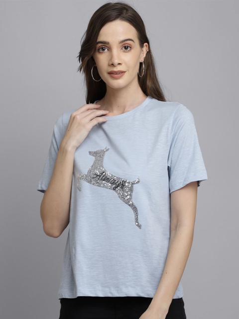 Free Authority Women Blue Cotton Harry Potter Featured Drop-Shoulder Sleeves Pure Cotton T-shirt