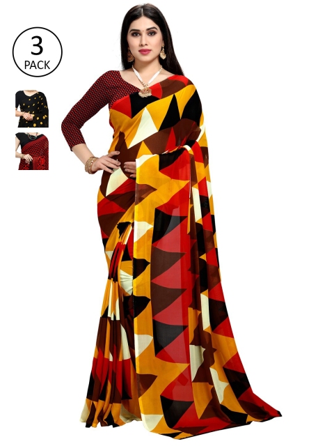 KALINI Pack of 3 Printed Poly Georgette Saree, Multi