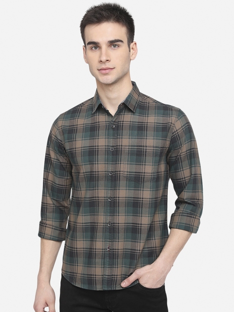 Greenfibre Men Green Slim Fit Checked Pure Cotton Casual Shirt