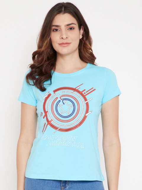 Marvel by Wear Your Mind Women Blue Captain America Printed Cotton T-shirt