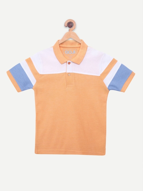 GOJI Boys Orange & White Colourblocked Polo Collar Extended Sleeves T-shirt